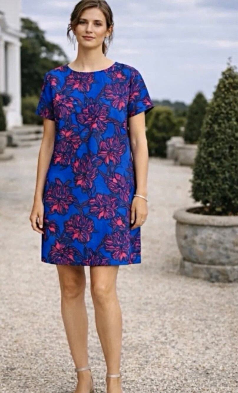 J.CREW Factory Blue Pink Floral Shift Dress Size 4 Short Sleeve Lined Zip Back